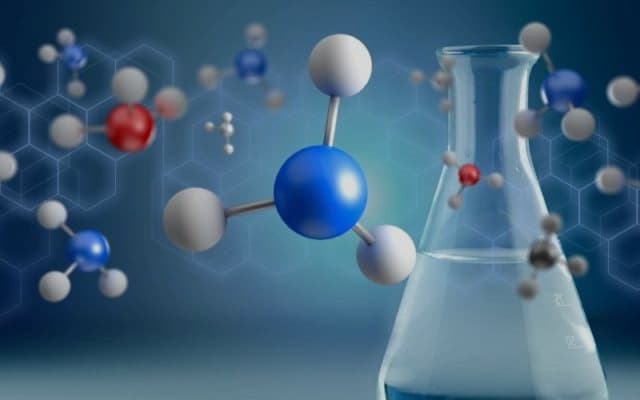 Ilustración de una probeta de laboratorio con agua oxigenada y moléculas